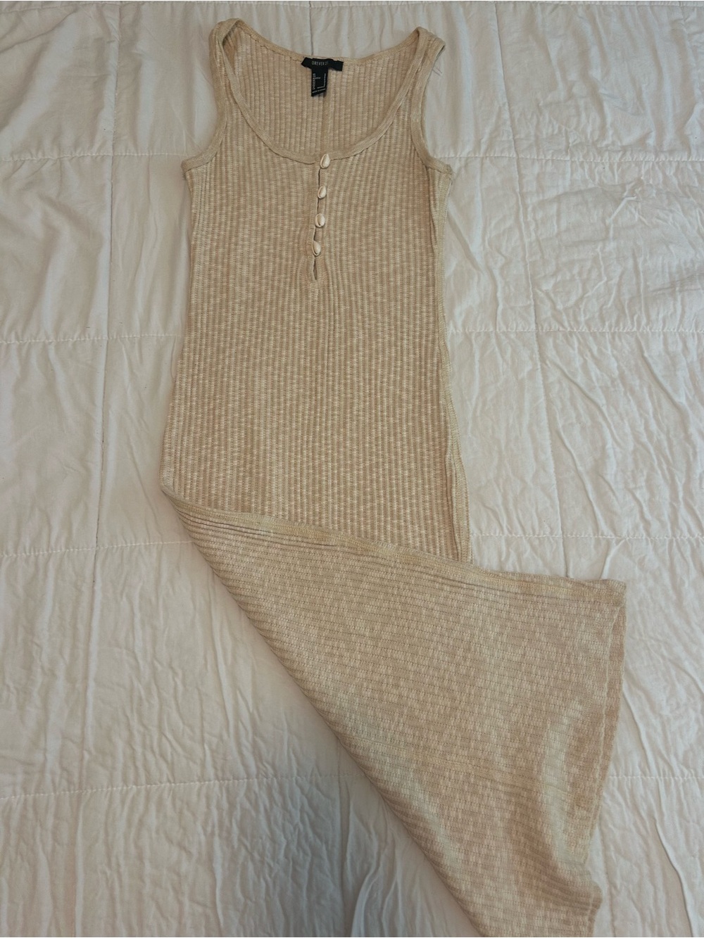 Forever 21 Cream Ribbed Midi Tank Dress with Front Buttons